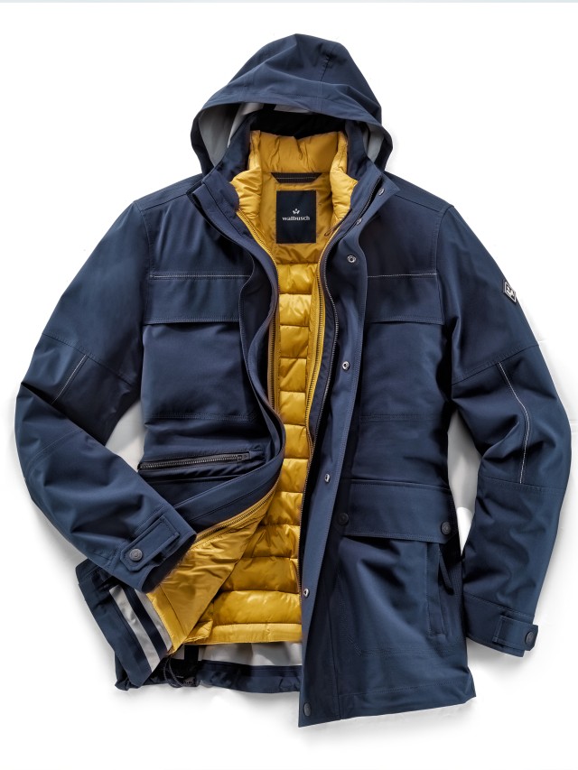 Blaue Jacke mit gelber Weste - Aquastop 4-Jahreszeiten Jacke 4in1