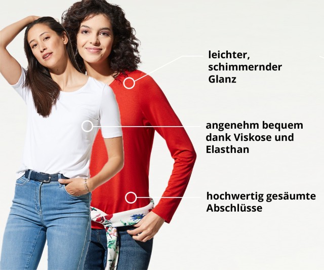 Zwei Frauen nebeneinander, eine in weißem T-Shirt, die andere in rotem Oberteil. Merkmale: Glanz, bequem, gesäumte Abschlüsse.