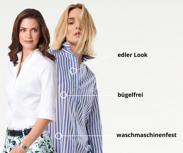 Zwei Frauen, eine in weißer Bluse, die andere in blau-weiß gestreifter Bluse. Text: edler Look, bügelfrei, waschmaschinenfest.