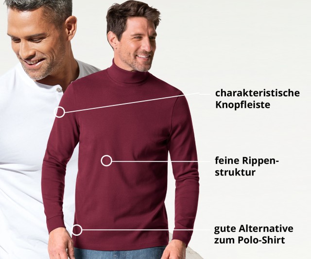Zwei Männer: einer in weißem Oberteil, der andere in burgunderfarbenem Rollkragenpullover. Text beschreibt "charakteristische Knopfleiste", "feine Rippenstruktur", "gute Alternative zum Polo-Shirt".