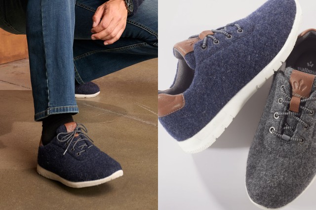 Links sieht man einen getragenen Merino Sneaker und rechts zwei Sachabbildungen des Sneakers.