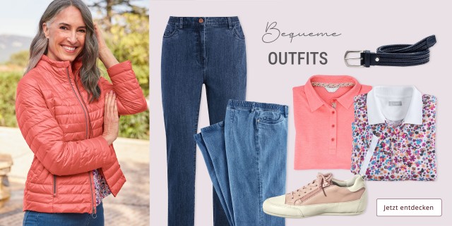 getragenes Outfit an Dame bestehend aus Steppjacke, Jeanshose, Poloshirt, Schuh und Gürtel