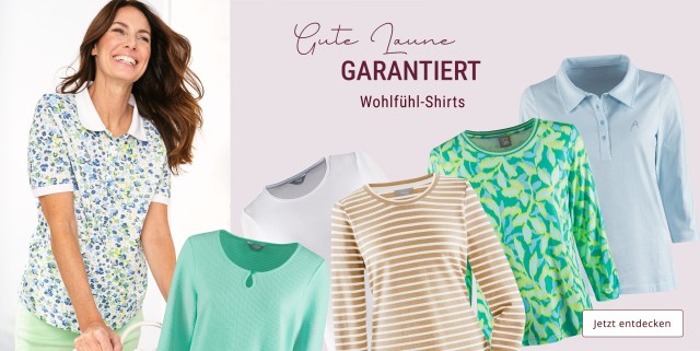 Gut gelaunte Dame freut sich über ihr Wohlfühl-Shirt. Weitere Shirts in frühlingshaften Farben werden gezeigt.