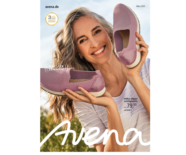 Titelseite des 4. Avena-Katalogs, gezeigt wird Dame mit Hallux-Schuhen