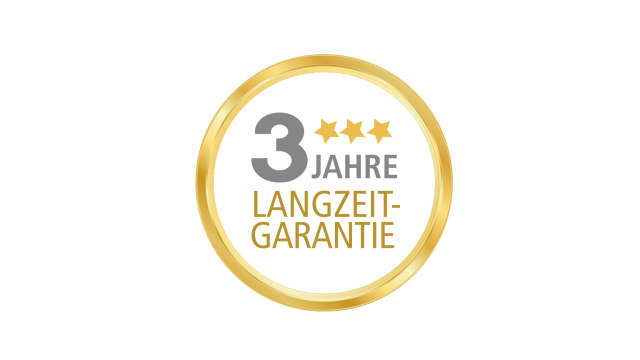 Ein rundes Logo mit goldenem Rand in dem der Text drei Jahre Langzeit Garantie zu lesen ist