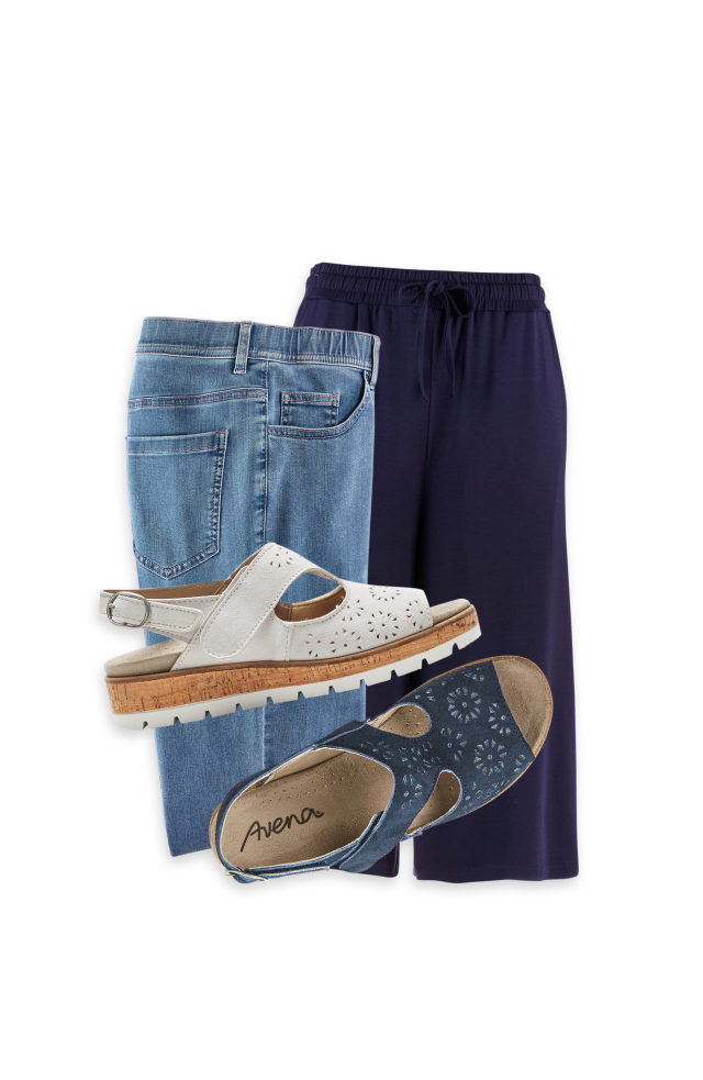 Zusammenstellung aus Hosen und Sandalen in Blau- und Weißtönen.